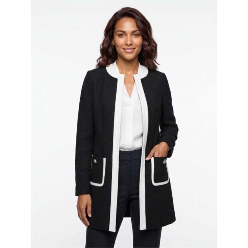 Karl Lagerfeld Open Front Mid-Length Blazer With Pearl Buttons
